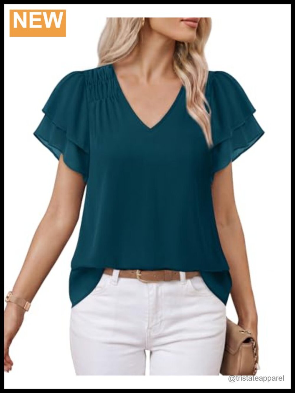 Women's Chiffon Ruffle Sleeve Blouse V-Neck Flowy Dressy Casual Work Top